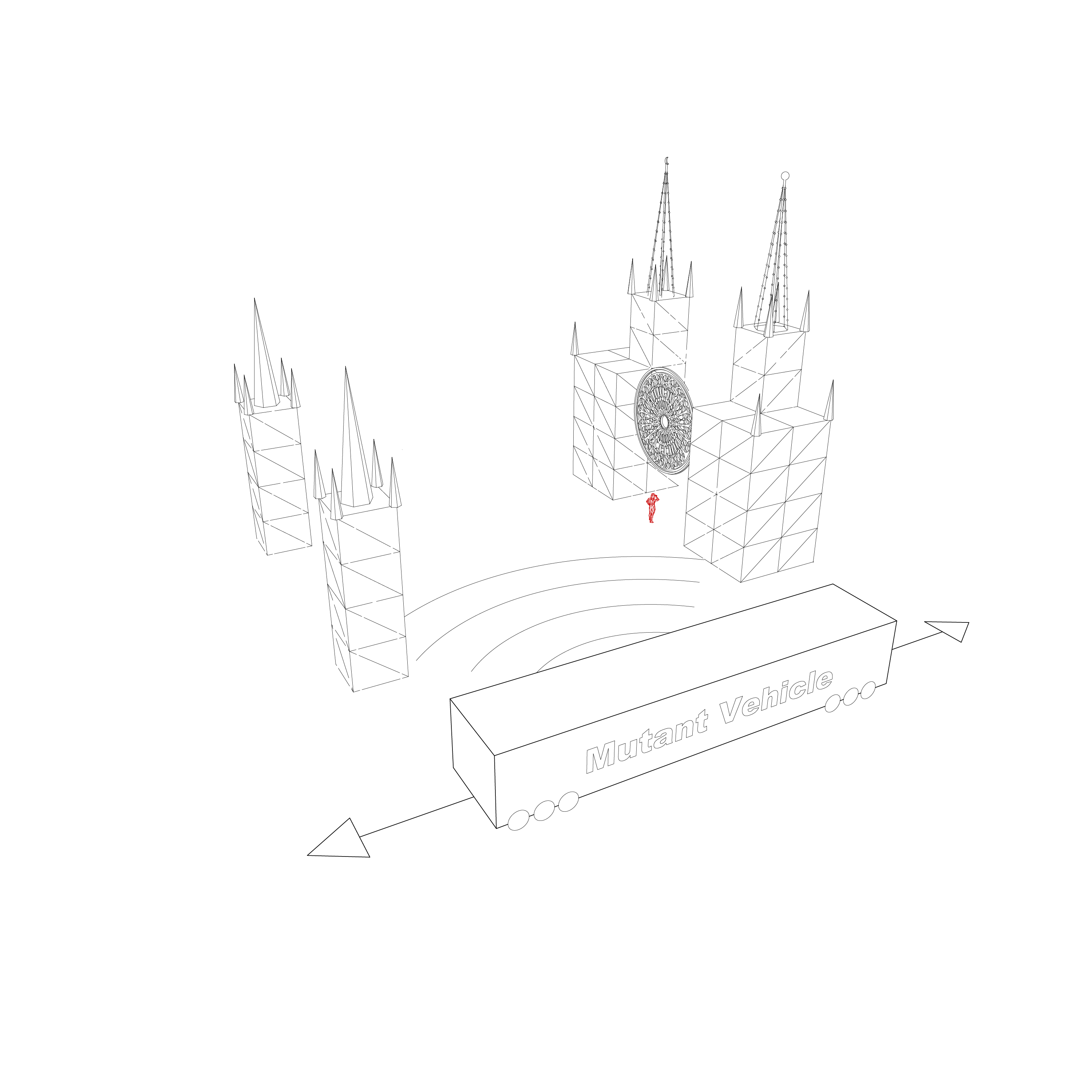 Diagram showing a mutant vehicle passing the Gothic Folly sculpture with sound waves