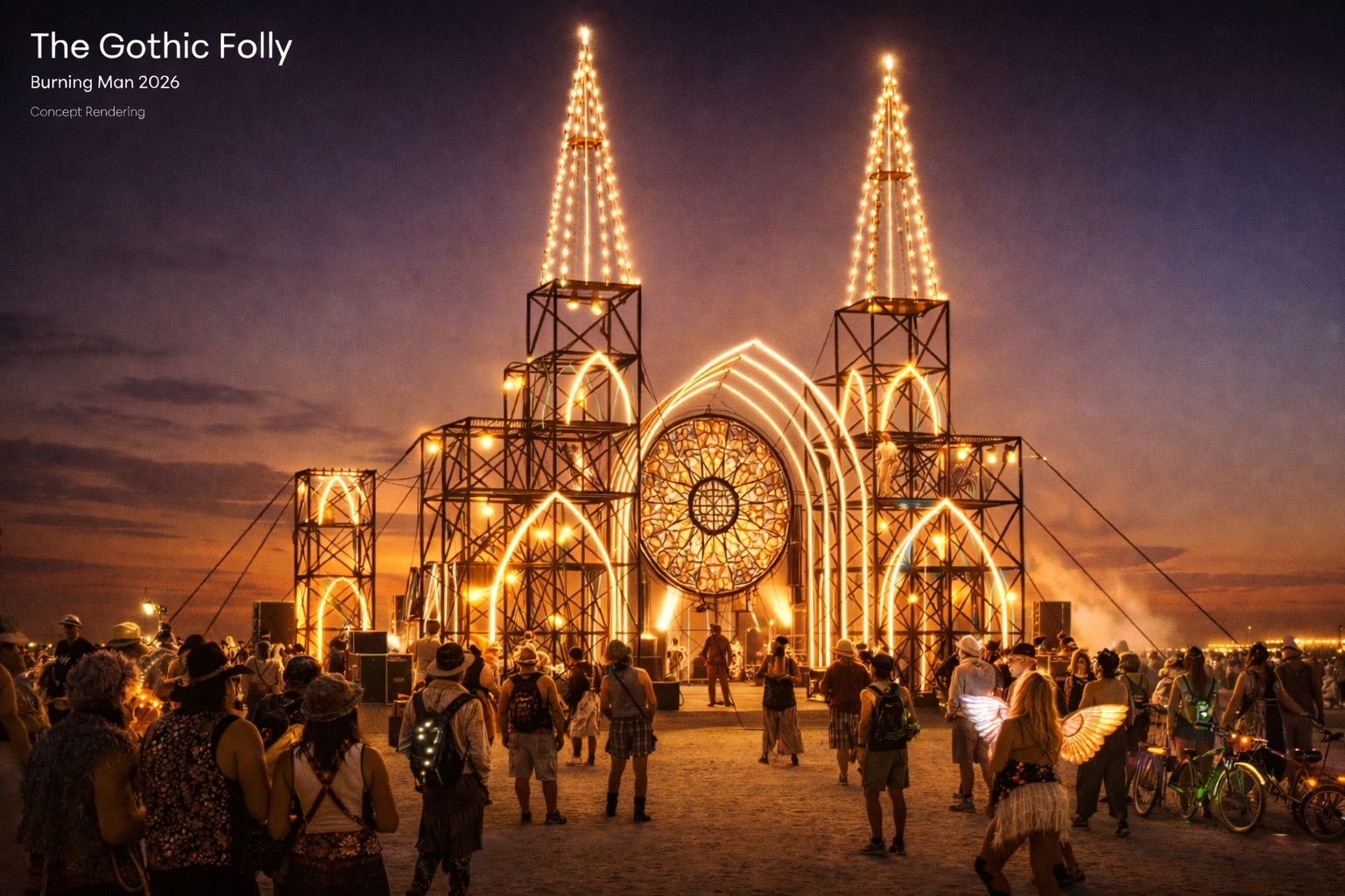 The Gothic Folly — concept rendering, sunset