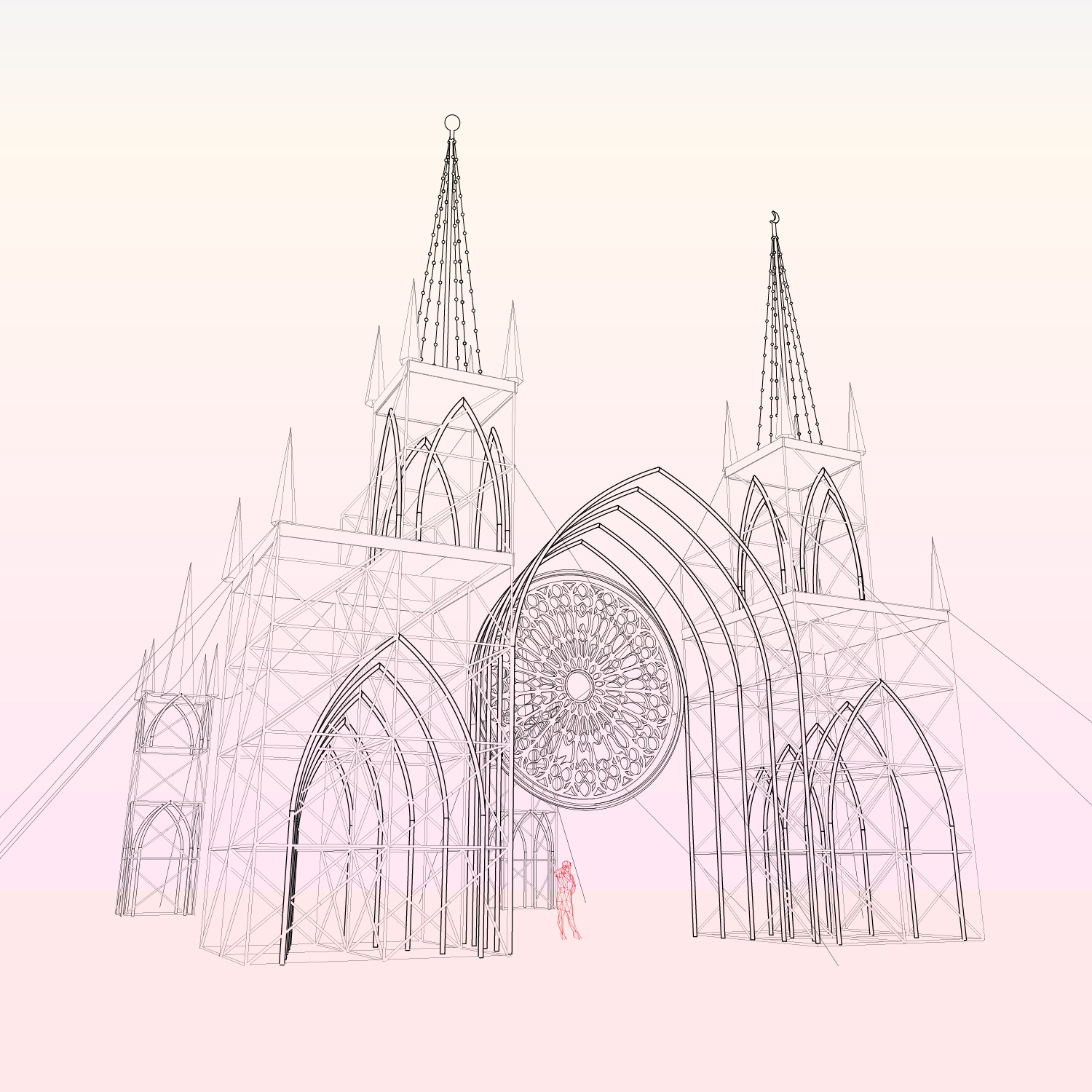 The Gothic Folly — wireframe elevation rendering